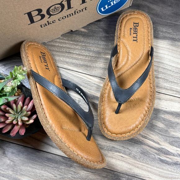 Born Shoes - NIB Born Basic Maite 7M Black Leather Flip Flops Comfort Flat Thong Sandals